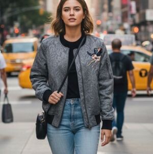 Rare Miss Me Vintage Gray Embroidered Bomber Jacket